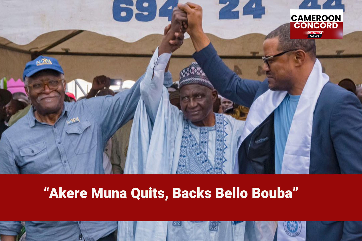 Akere Muna at a political rally, announcing his withdrawal from the 2025 presidential race to support Bello Bouba Maigari.