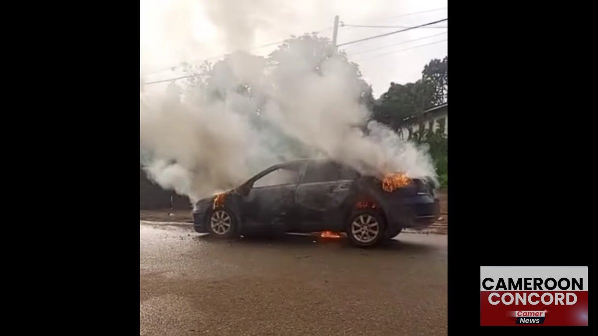 A car burns in Bamenda on September 15, 2025, as Ambazonia rebels enforced ghost town orders tied to the presidential elections.
