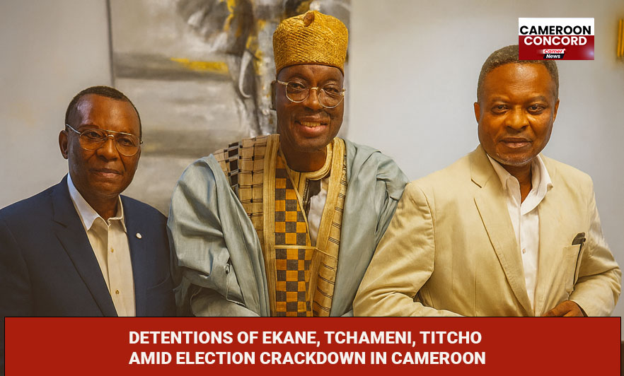 News graphic illustrating confirmed arrests of Ekane, Tchameni, and Titcho, and reported abduction of Yerima Riré, set against a map of Douala–Yaoundé–Garoua with custody and due-process indicators.